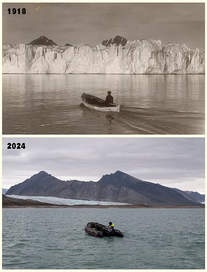 บลอมสตรานด์บรีน, สฟาลบาร์ ภาพบน: เก็บภาพจาก Kongsborgen โดยมีธารน้ำแข็ง Blomstrandbreen เป็นพื้นหลัง ในปี 1918 (พ.ศ.2461) ภาพล่าง: ถ่ายในตำแหน่งเดียวกันโดยช่างภาพ Christian Aslund 27 สิงหาคม 2024